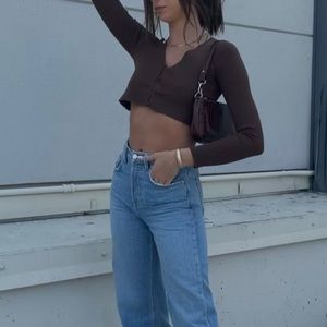 Lovers & Friends Long sleeve brown button up crop